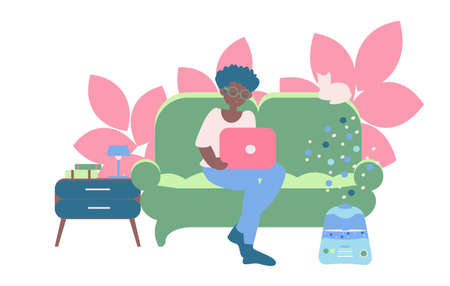 Freelancer working at home Young african american women seat on sofa with note book and humidifier near nightstandのイラスト素材