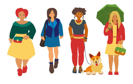 Girls of different ethnicity in casual clother Women diverse group Flat illustrationのイラスト素材