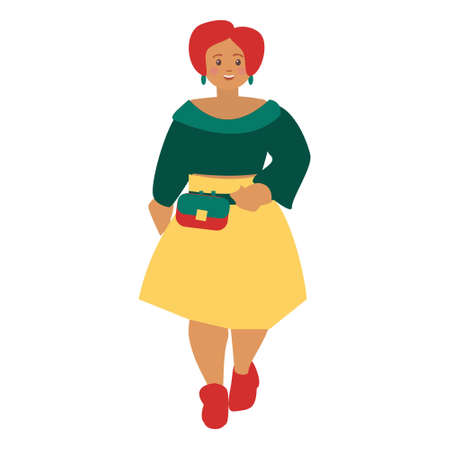 Beautiful plus size girl in yellow skirt and green jacket Flat vector illustrationのイラスト素材