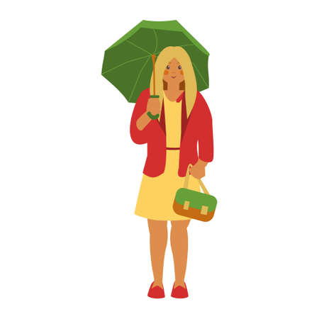 Girl with green umbrella in red jacket Flat vector illustrationのイラスト素材
