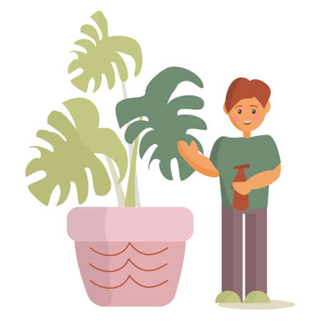 Red hair boy watering houseplants Vector cartoon illustration on white backgroundのイラスト素材