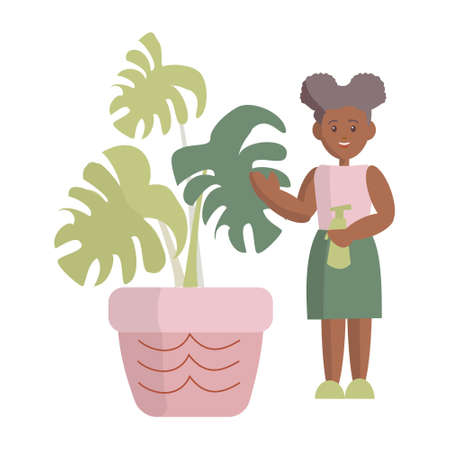 African american girl watering houseplants Vector cartoon flat illustration on white backgroundのイラスト素材