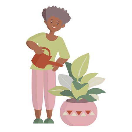 African american woman watering houseplants Vector cartoon flat illustration on white backgriundのイラスト素材