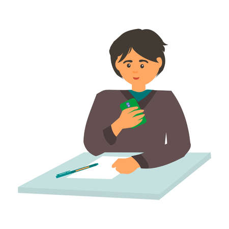 Young man talking on the smartphone in the officeのイラスト素材