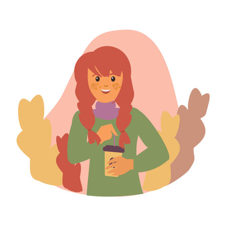 Red hair girl drink coffee on a background with autumn leaves. Vector illustration.のイラスト素材