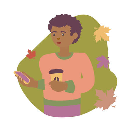 Young man drink coffee on a background with autumn leaves. Vector illustration.のイラスト素材