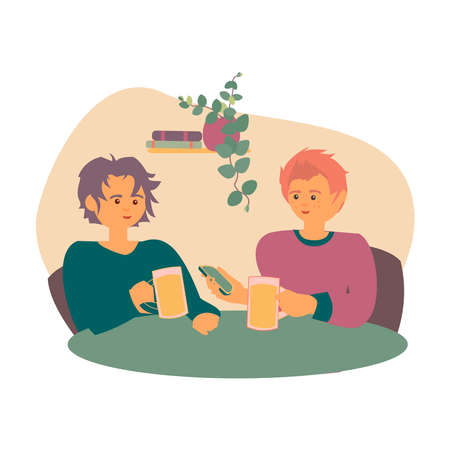 Two young men sitting at cafe or restaurant tables talking to each other, drinking beer with friend.のイラスト素材