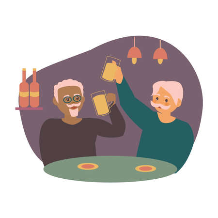 Two old men sitting at cafe or restaurant tables talking to each other, drinking beer with friend.のイラスト素材