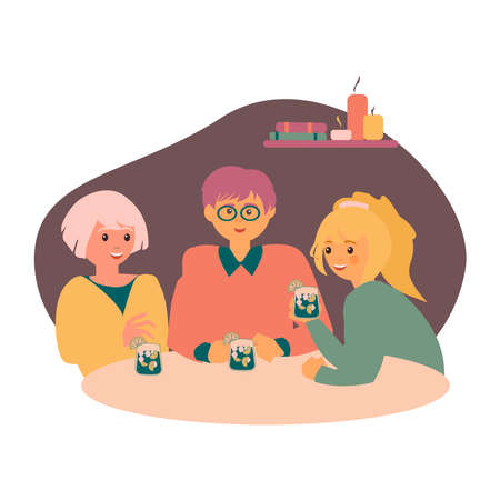 Two young women and young man sitting at cafe or restaurant tables talking to each other, drinking cofctails with friend.のイラスト素材