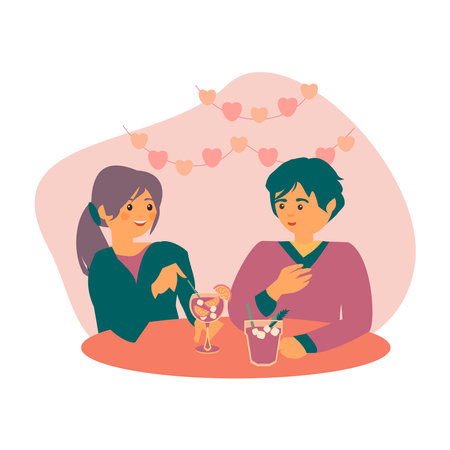 Youg couple sitting at cafe or restaurant tables talking to each other, drinking coctails. Flat cartoon characters.のイラスト素材