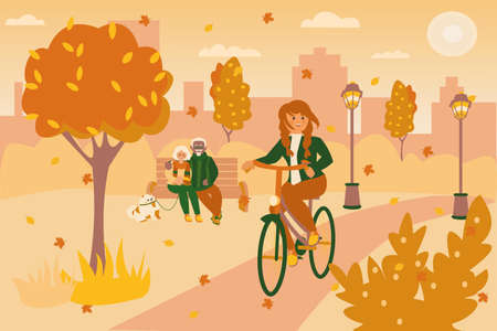 Cycling young woman on bike in autumn park Senior couple and their pomeranian spitz sitting on bench Flat vector illustrationのイラスト素材