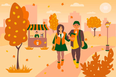 Young couple walk in autumn park Flat vector illustrationのイラスト素材