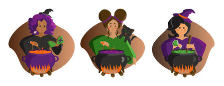 Set with three witches with cauldrones wearing a black and green dress and hats with black cat, magic potions and with magic book.のイラスト素材