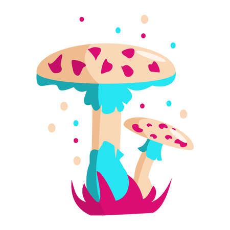 Pink blue fly agaric Magic fantasy mushroom isolated on white background. Cartoon vector illustrationのイラスト素材