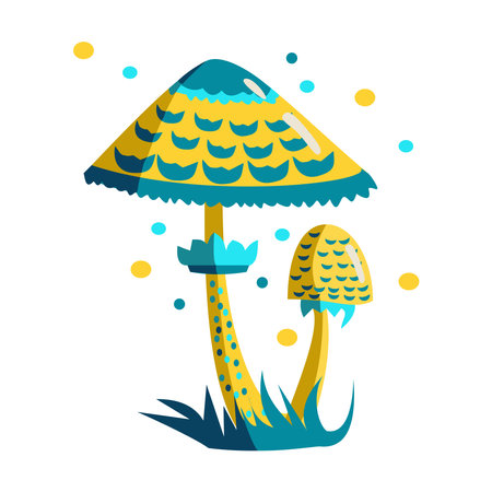 Yellow and blue toadstool Magic fantasy mushroom isolated on white background. Cartoon vector illustrationのイラスト素材