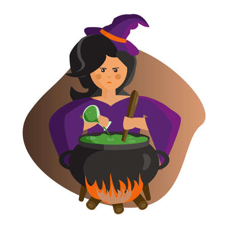Angry young Witch with cauldrones wearing a purple dress and hats with black cat, magic potions.のイラスト素材