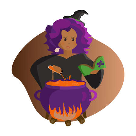 Witch with cauldrones wearing a black dress and hat with magic potions and magic book.のイラスト素材