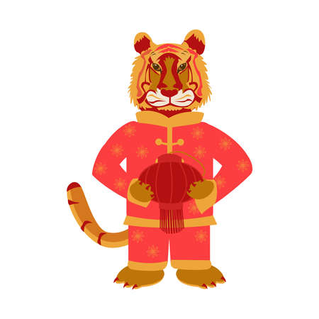 Cartoon tigers in chinese clothes with lantern New year greeting cardのイラスト素材