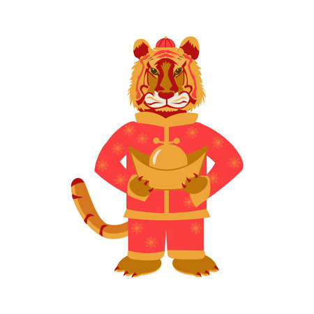 Cartoon tiger in chinese clothes New year greeting cardのイラスト素材