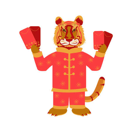Cartoon tiger in chinese clothes with red envelope New year greeting cardのイラスト素材