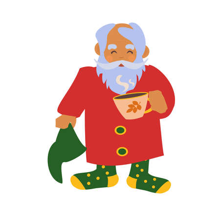Sleepy cute little gnome with cup of coffee. Isolated characters on a white background.のイラスト素材