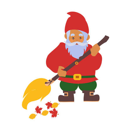 cute little gnome broom and autumn leaves. Isolated characters on a white background.のイラスト素材