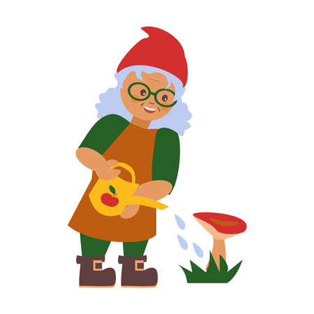Cute little gnome watering the mushroom from the watering can. Isolated characters on a white background.のイラスト素材
