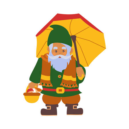 cute little gnome with umbrella and basket with mushrooms. Isolated characters on a white background.のイラスト素材