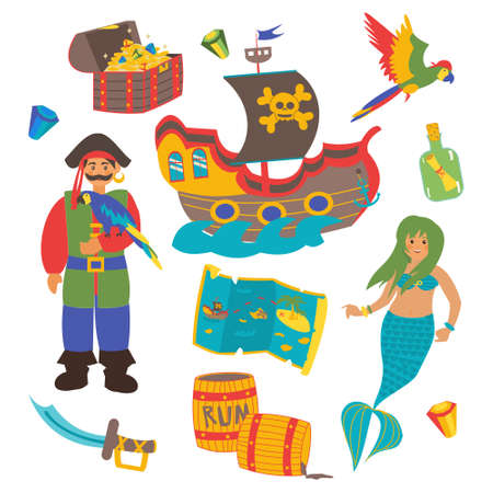 Collection of pirate, tropical parrot, barrels with rum, sail ship, mermaid, and treasure chest, isolated on white background.のイラスト素材
