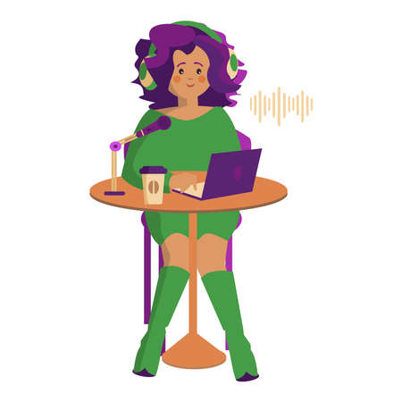 Female podcaster sitting at a table with a microphone and laptop and cup of coffee. Broadcaster at workspace Isolated cartoon characterのイラスト素材