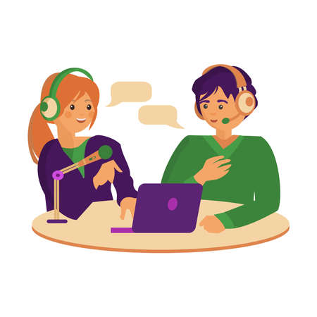 Podcaste in studio Female radio host interviewing guests on radio station. Man and woman in headphones talkingのイラスト素材