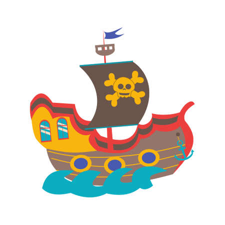 Pirate ship with Jolly Roger. Cute cartoon vector illustrationのイラスト素材