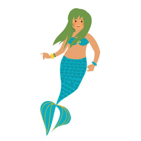 Cute green hair mermaid. Flat vector illustrationのイラスト素材