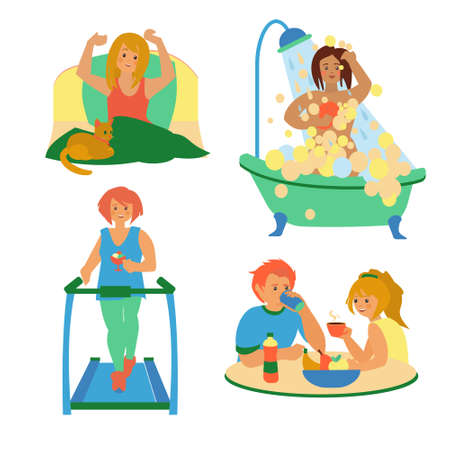Morning routine illustration set Girl and cat wake up, woman doing exercises on treadmill, take a shower, young couple have breakfasのイラスト素材