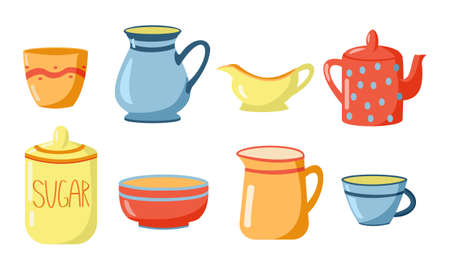 Collection of ceramic kitchenware Mug, cap, teapod, sugar bowl, gravy boat, jag.のイラスト素材