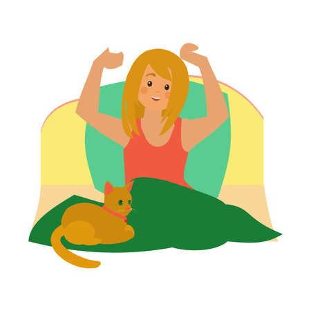 Morning routine Girl and cat wake upのイラスト素材