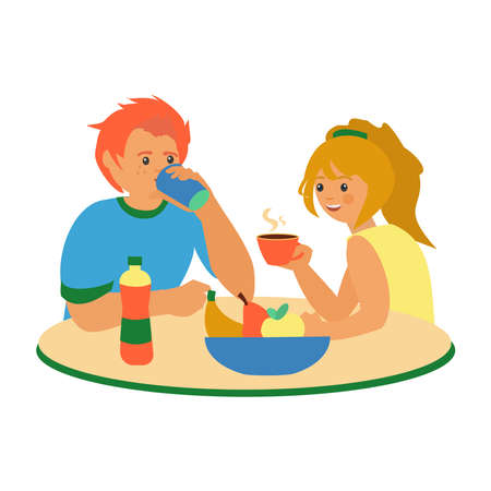 Morning routine, young couple have breakfastのイラスト素材