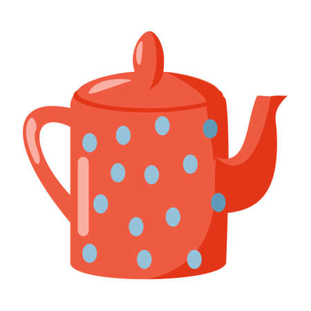 Ceramic kitchenware red teapot with blue polka dots Cartoon vector illustration on white background.のイラスト素材