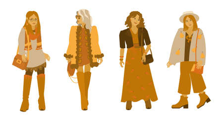 Set girls in boho outfits. Modern women in casual wear. Flat vector illustration on white backgroundのイラスト素材