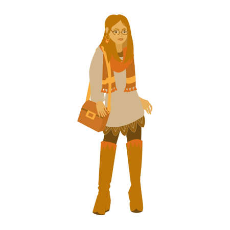 Red hear girl in boho outfit with scarf. Modern women in casual wear. Flat vector illustration on white backgroundのイラスト素材