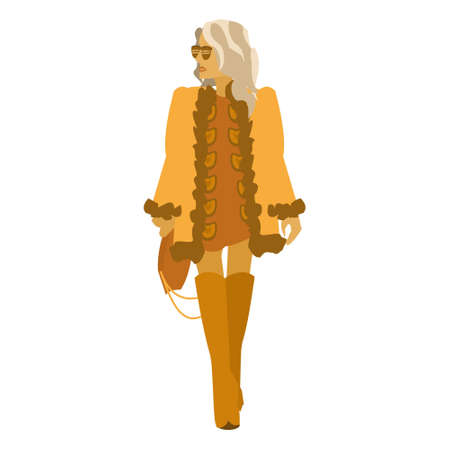 Girl in boho outfit. Modern women in short dress with pattern and yellow faux fur coat. Vector illustration on white backgroundのイラスト素材