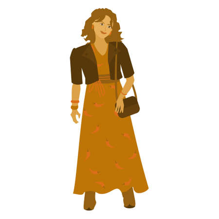 Girl in boho outfit. Modern women in in a long dress with a print and a belt and short jaket. Vector illustration on white backgroundのイラスト素材