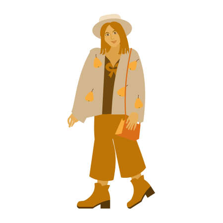 Girl in boho outfit. Modern women inin a light hat. jacket with print and trousers. Vector illustration on white backgroundのイラスト素材