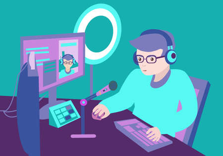 Game streaming concept illustration Young man game streamer play video game online Flat vector illustrationのイラスト素材