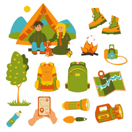 Bundle of hiking equipment, tools map, camera, flashlight, bag and boots Man and woman sit by the fire with their dog ntar the tent Flat vector illustration.のイラスト素材