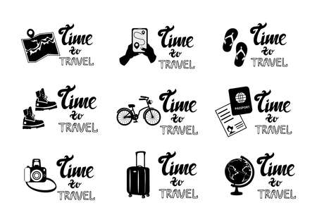 Set of travel vacation items and lettering phrase time to travel isolated on white background Map, navigator, flip flops, sneakers, bicycle, documents, suitcase, globus, camera Simple vector illustrationのイラスト素材