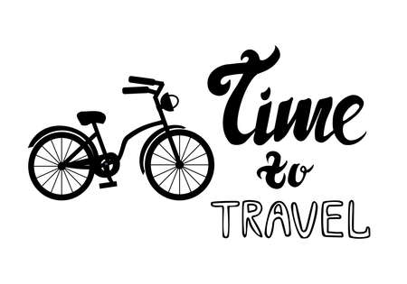 Silhouette of bike and lettering phrase time to travel isolated on white background Simple vector illustrationのイラスト素材