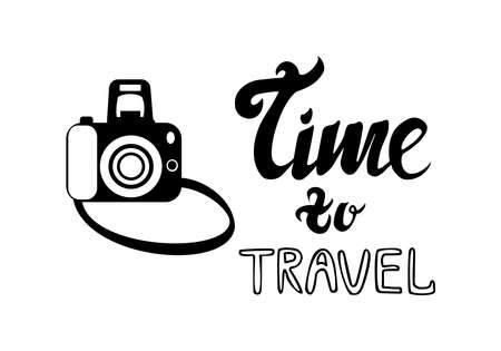 Silhouette of camera and lettering phrase time to travel isolated on white background Simple vector illustrationのイラスト素材