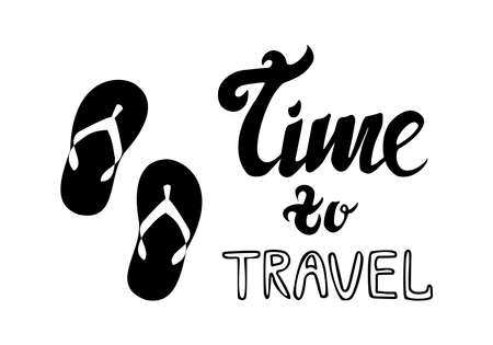 Silhouette of flip flops and lettering phrase time to travel isolated on white background Simple vector illustrationのイラスト素材