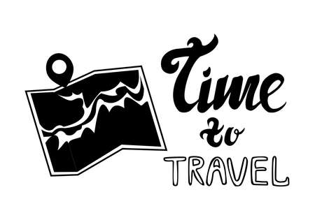 Silhouette of map and lettering phrase time to travel isolated on white background Simple illustrationのイラスト素材